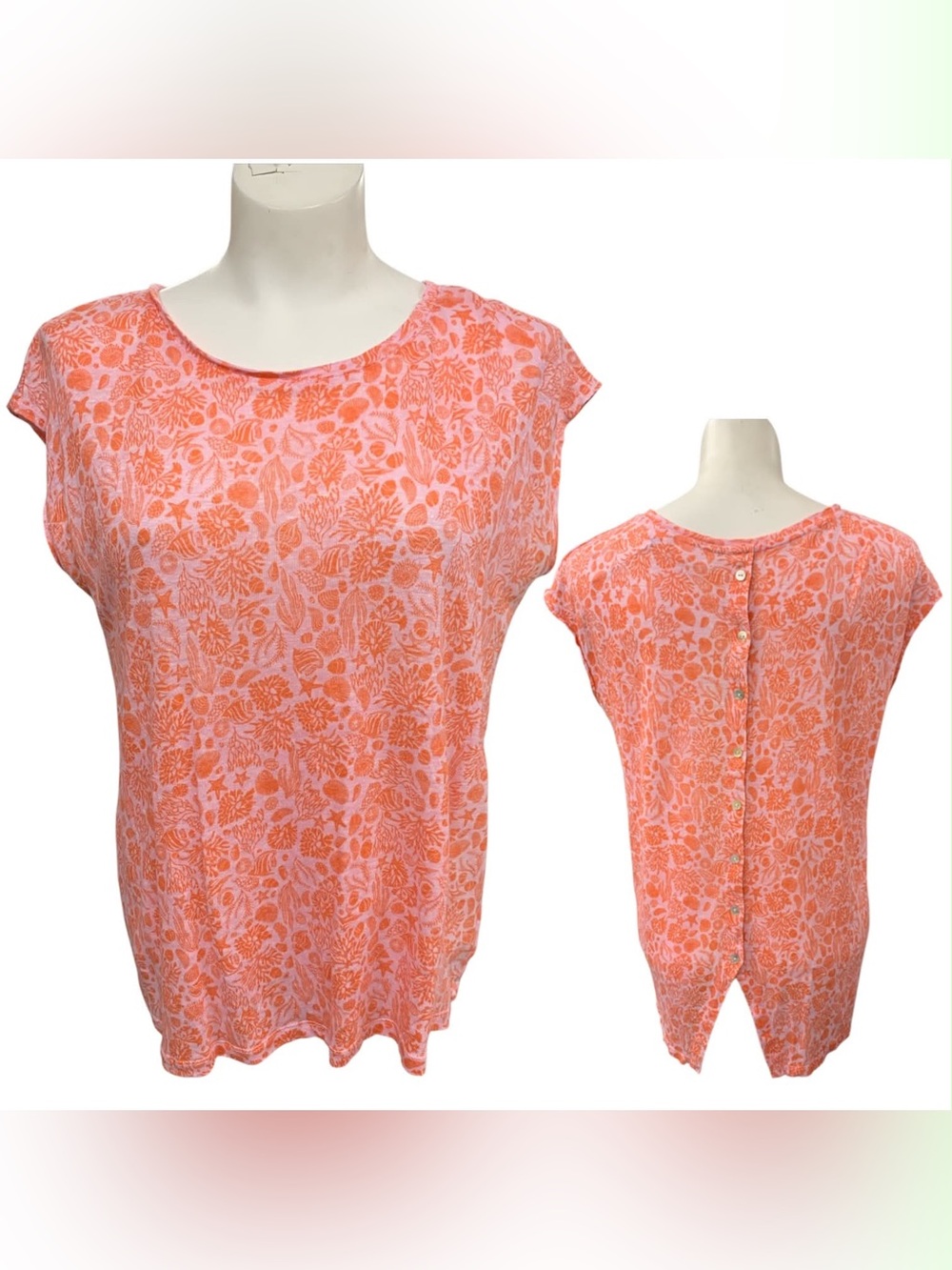 Sigrid Olsen Coral Floral Button-Back Cap Sleeve Top Size M